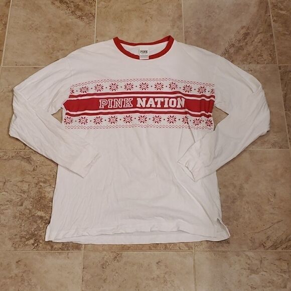 Victoria's Secret Pink red and white holiday themed Pink Nation long sleeve top - Picture 2 of 7